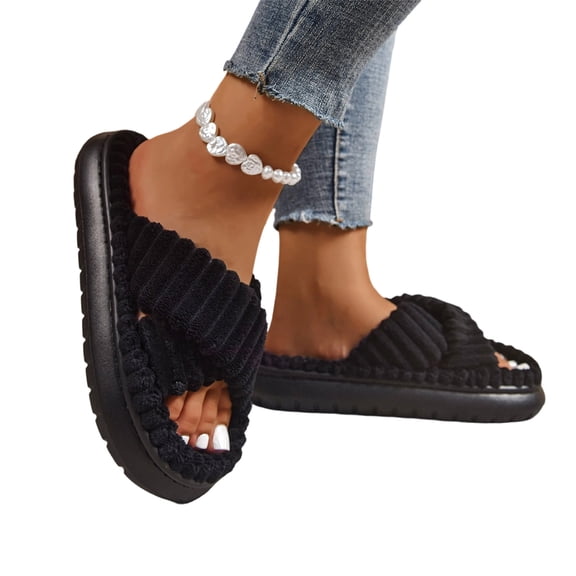 Womens Cross Band Fuzzy Slippers Open Toe Fluffy Plush Memory Foam Comfortable Thick Sole Slip Resistant Soft Fleece House Indoor Outdoor Bedroom Walking Cozy Ladies Winter,Black 6