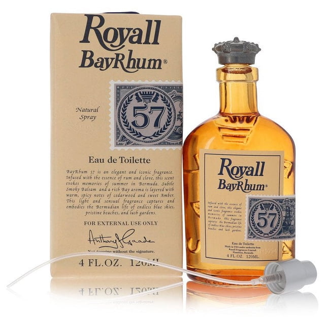 Royall Bay Rhum 57 by Royall Fragrances Eau De Toilette Spray 4 oz for men, featuring a 120ml amber-colored bottle with a crown-shaped cap and a beige label. The packaging includes a matching beige box with blue and silver accents, showcasing the brand and product details. This fragrance combines notes of rum, clove, balsam, cedarwood, and amber for a refreshing, oriental, and woody scent, ideal for various occasions.