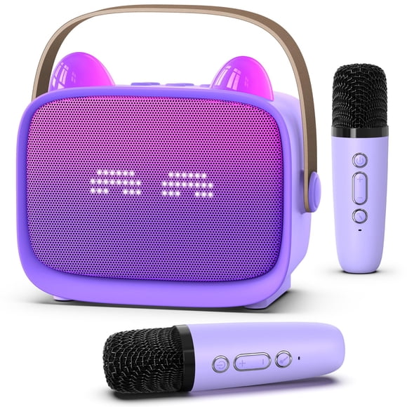 Mgaolo Upgraded Mini Karaoke Machine Toy for Kids, Portable Bluetooth Speaker with 2 Wireless Mics, Emoji & Colorful LED Lights, Home Trave