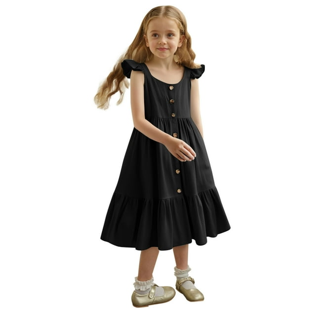 Robes pour Filles Petite Fille Été Sans Manches Robe Décontractée Enfants Tout-Petit Boutonnée Mode Robe Soleil à Volants Robe Bébé Noir 2 Ans-3 Ans
