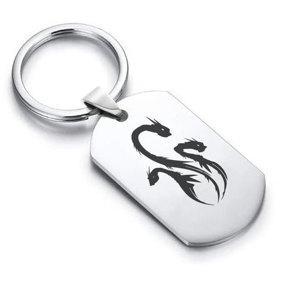 Stainless Steel Mythical Hydra Head Dog Tag Keychain Circle Ring