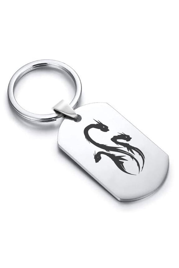 Stainless Steel Mythical Hydra Head Dog Tag Keychain Circle Ring