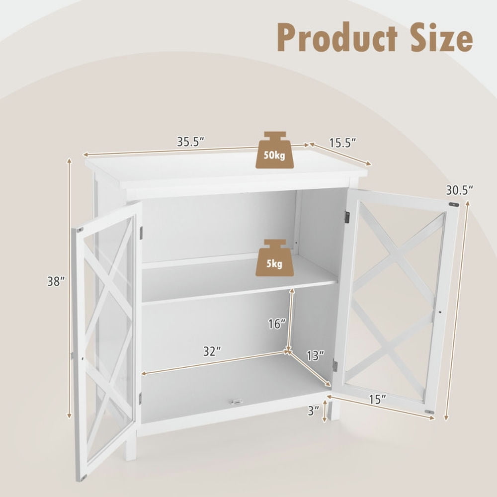 Finihen Kitchen Storage Cabinet, Buffet Sideboard, Freestanding Kitchen Buffet Cabinet with Glass Doors and Adjustable Shelf, for Dining Room, Kitchen, Living Room, White