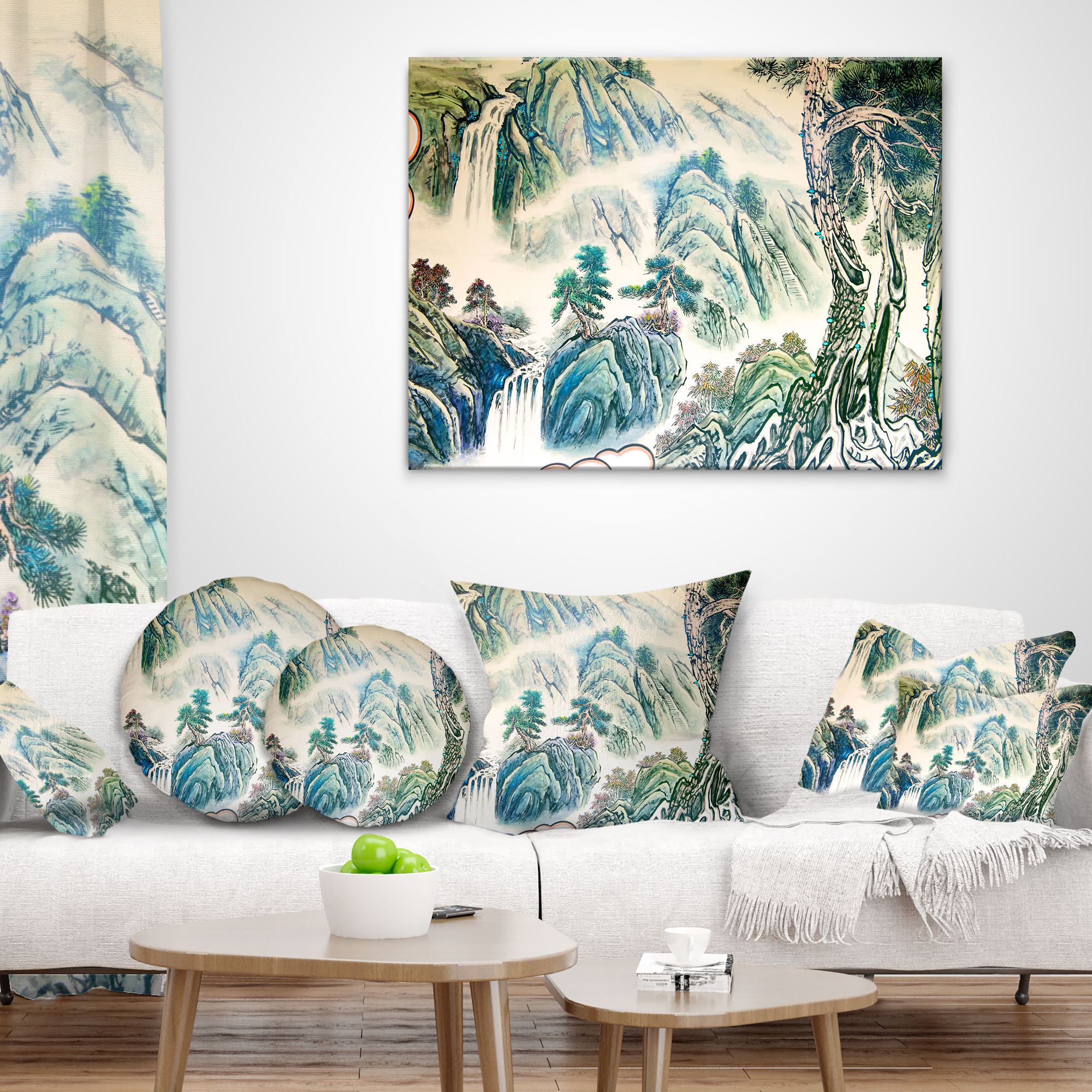 Designart Blue Chinese Landscape Painting - Floral Throw Pillow - 12x20