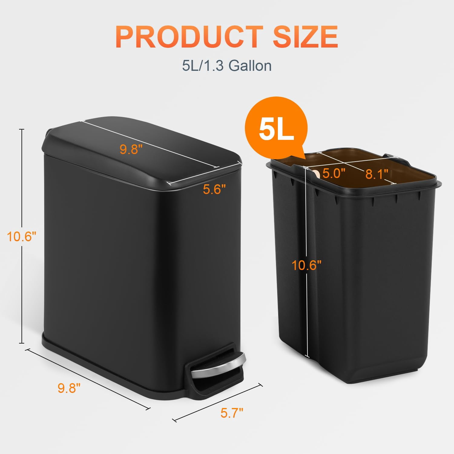 YRLLENSDAN Small Bathroom Trash Can with Lid, Step Trash Can with Foot Pedal, Stainless Steel Small Garbage Can for Bedroom Kitchen Office Dorm, Black 2 Pack