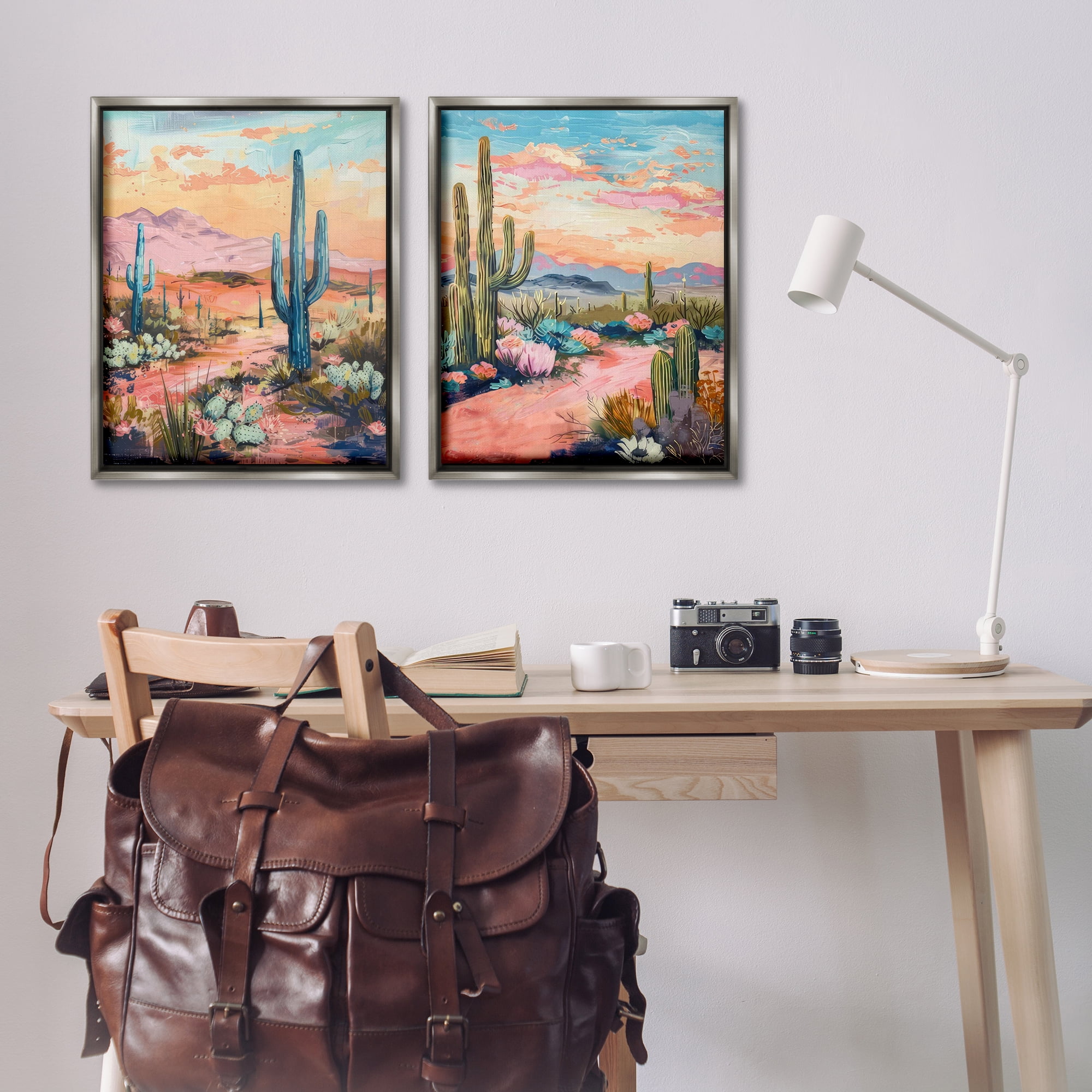 Stupell Industries Cactus Paths & Sunset Landscape & Nature Painting Gray Floater Framed Canvas Art Print Wall Art, 31 x 25, Set of 2