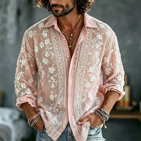 MOONDU Men's Floral Embroidered Shirt Long Sleeve Button Down Western Boho Vintage Loose Fit Casual Party Beach Shirt