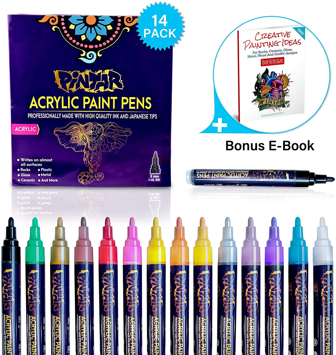 PINTAR Premium Acrylic Paint Pens (14 Colors) Medium Tip Pens For