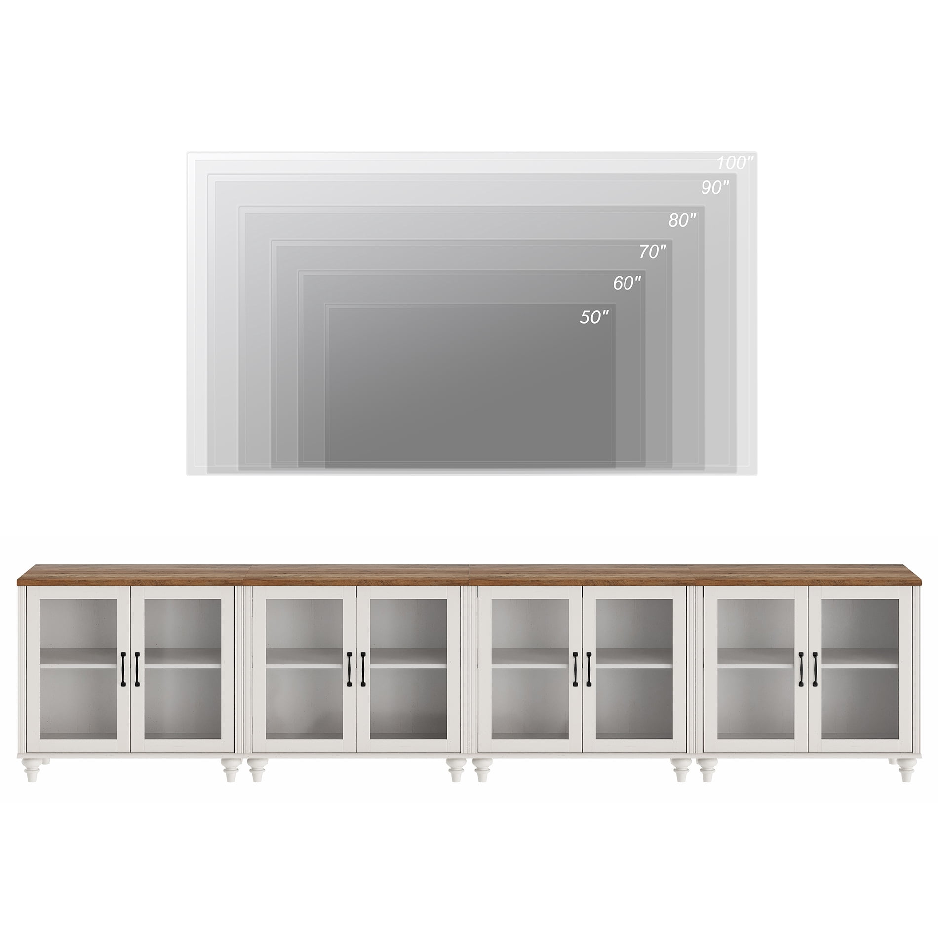 Mid Century Morden Style TV Stand for 100 Inch, Ample Storage Cabinet with 8 Glass Doors, Wooden Entertainment Center Storage Cabinet for Living Room or Dining Room or Bedroom, Off White