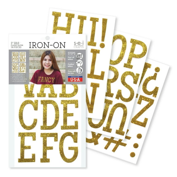 SEI 3 inch Iron-on T-shirt Letters, Classic Glitter Letter Heat Transfers, Gold