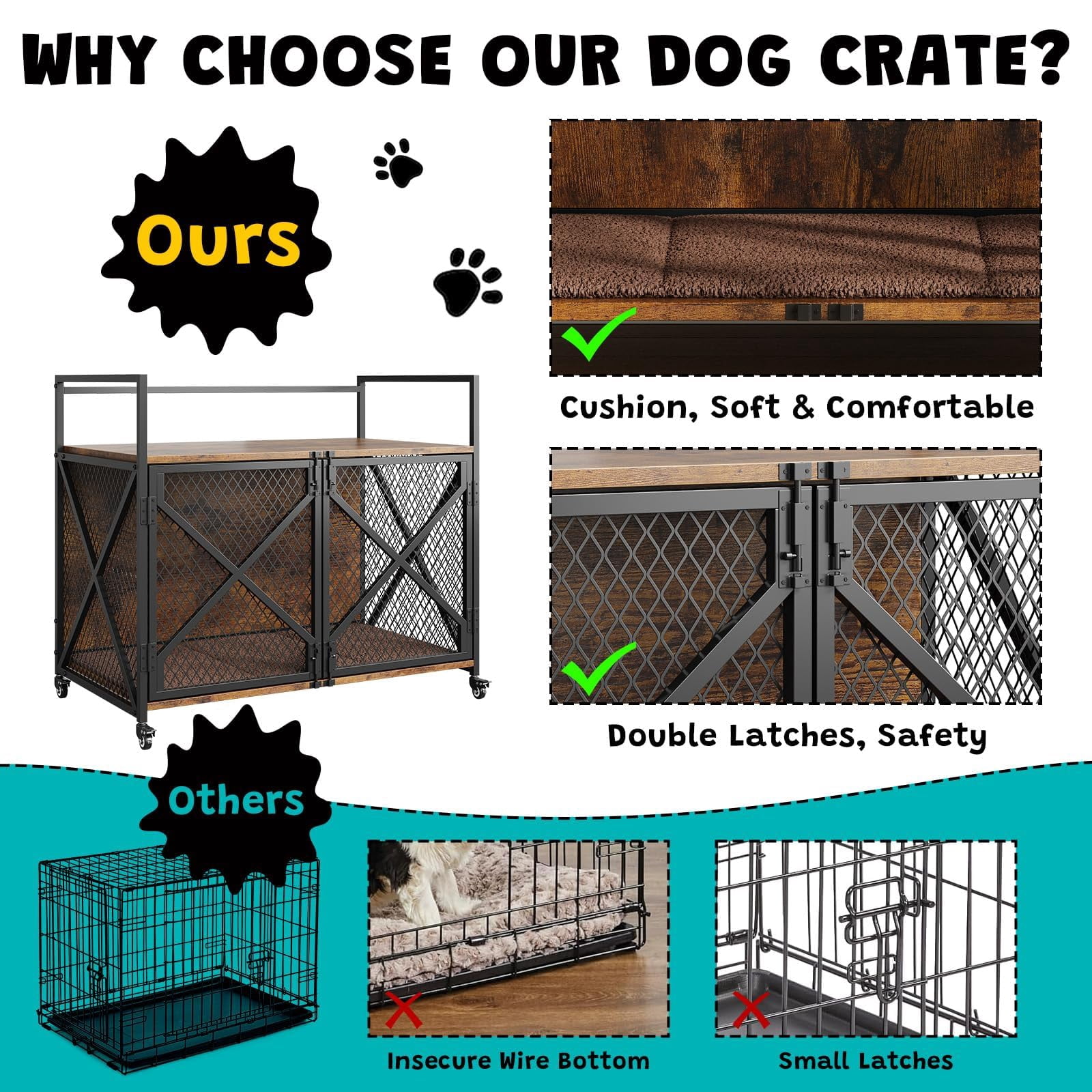 Yeshouse 41 Inch Furniture Style Dog Crate with Lockable 360° Wheels -End Table House Pad for for Small Medium Large Dog, Heavy Duty Dog Kennel Indoor, Jaula para Perros
