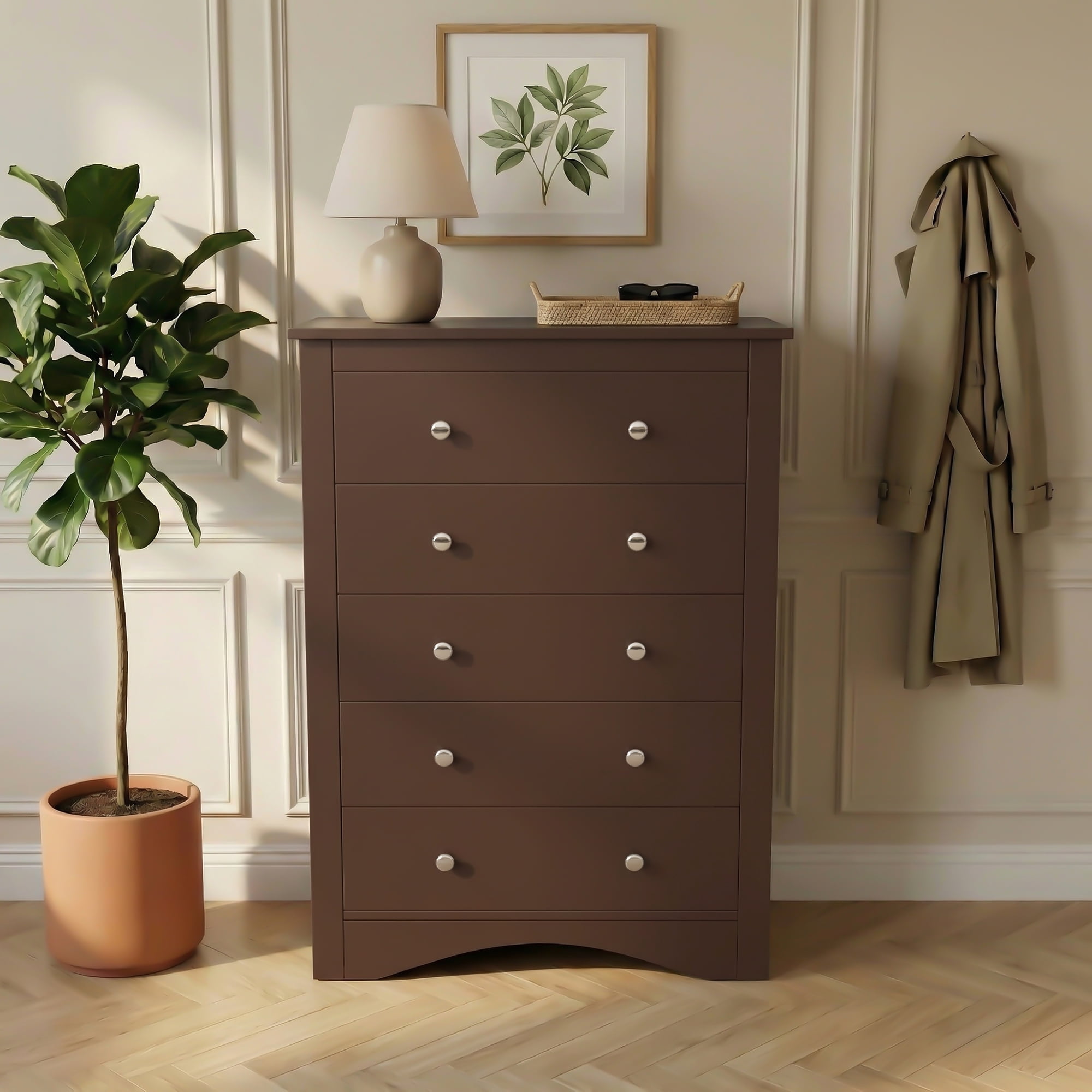 Homall 5 Drawer Tall Dresser for Bedroom, Wide Storage Cabinet for Living Room, Wood Chest of Drawers with Metal Handles, Brown