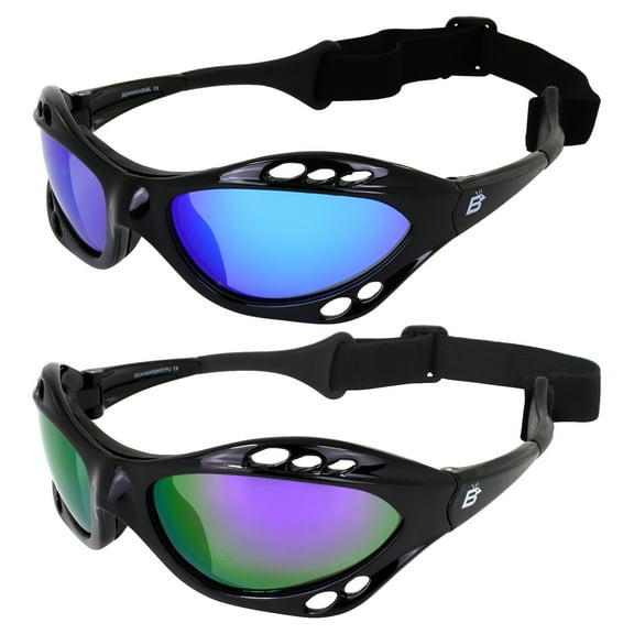 Birdz Eyewear Seahawk Padded Polarized Sunglasses 2 Pairs w/Strap Water Sports Surfing Kayaking Jetski Black w/Blue & Purple Mirror Lenses