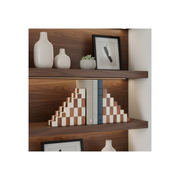 Decorative Book Ends with Checkered Pattern for Shelves - Modern Resin and Wood Bookends for Bookshelf Decor and Book Accessories - Office Accent for Desk or Side Table Decor - Set of 6", Ivory & Tan