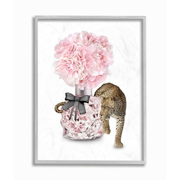 Stupell Industries Pink Fashion Floral Bouquet Leopard Animal Design Framed Wall Art Design by Ziwei Li, 16" x 20", Gray Framed