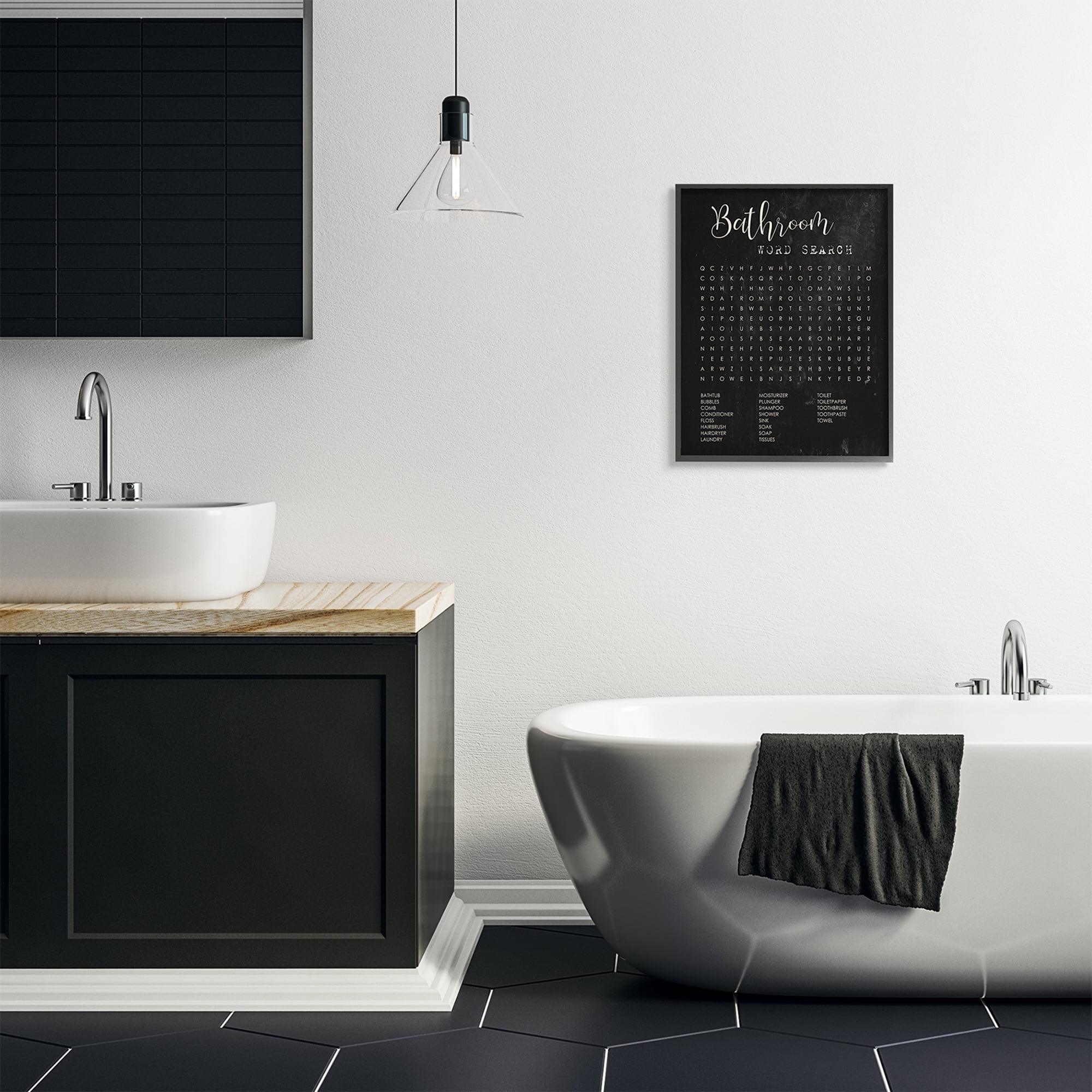 Stupell Industries Bathroom Word Search Activity over Distressed Black Inspirational Painting Black Framed Art Print Wall Art, 24 x 30