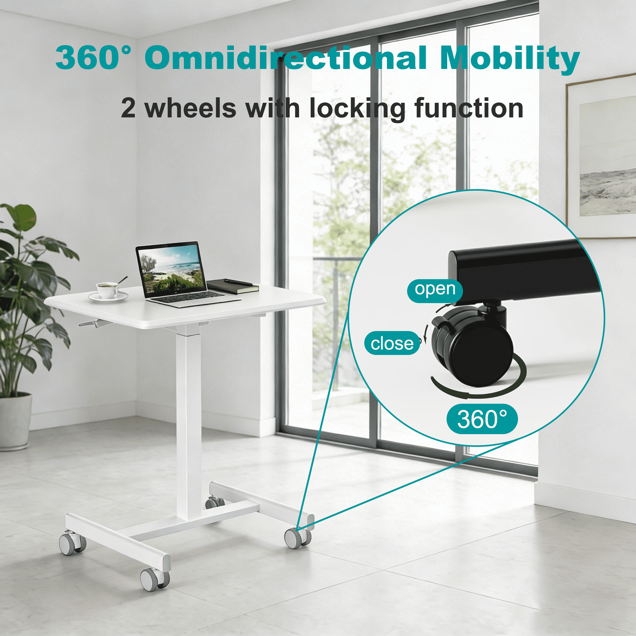 Aidoly Mobile Standing Desk with Locking Wheels - Height Adjustable Rolling Desk, Workstation for Home Office, Living Room & Classroom，White