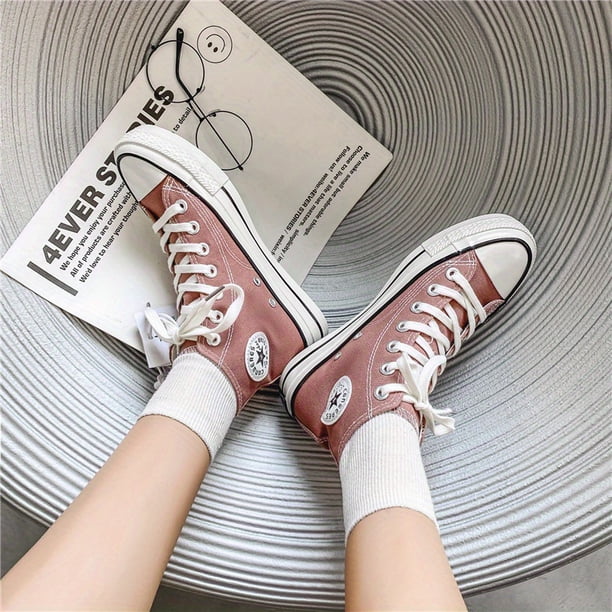 Zapatos De Lona De Alta Calidad Con Estampado De Estrellas Y Letras Para Mujeres, Cordones De Color Sólido, Zapatos Deportivos Versátiles Y Clásicos