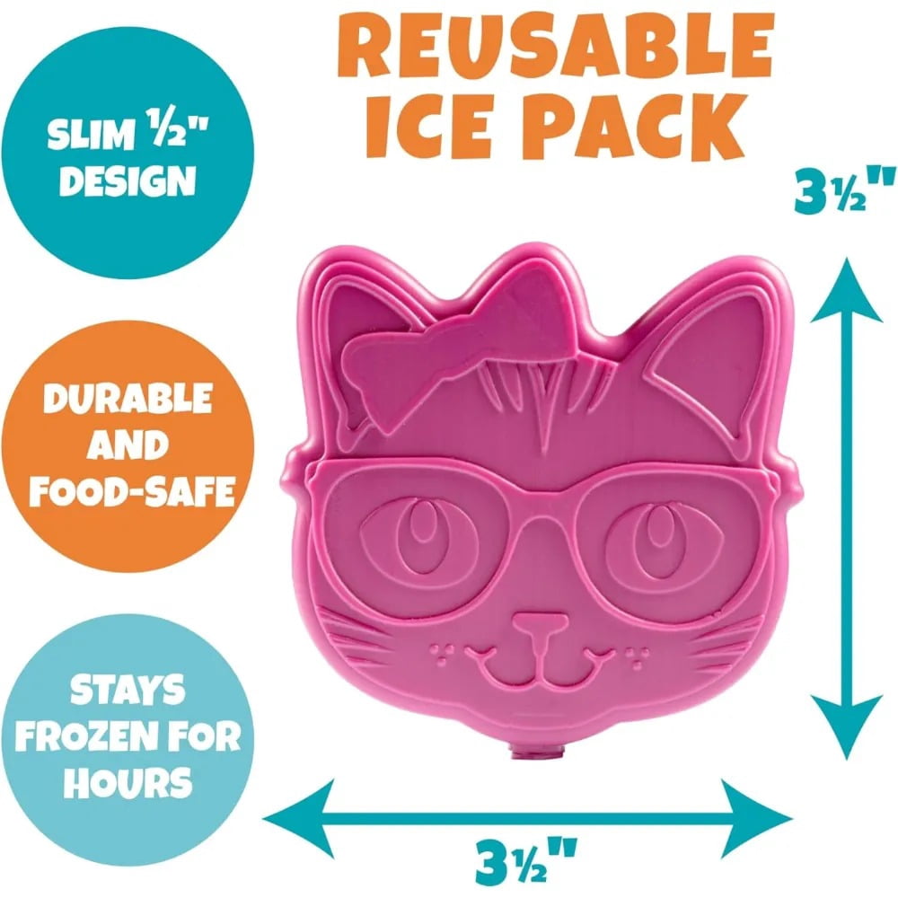 Bentology Lunch Bag Set w Matching Reusable Water Bottle & Hard Ice Pack- Pink Blue Kitty Cat- Insulated Tote, Stainless Steel Insulated Thermos, Hard Ice Pack- Perfect for Kids, Girls & Boys