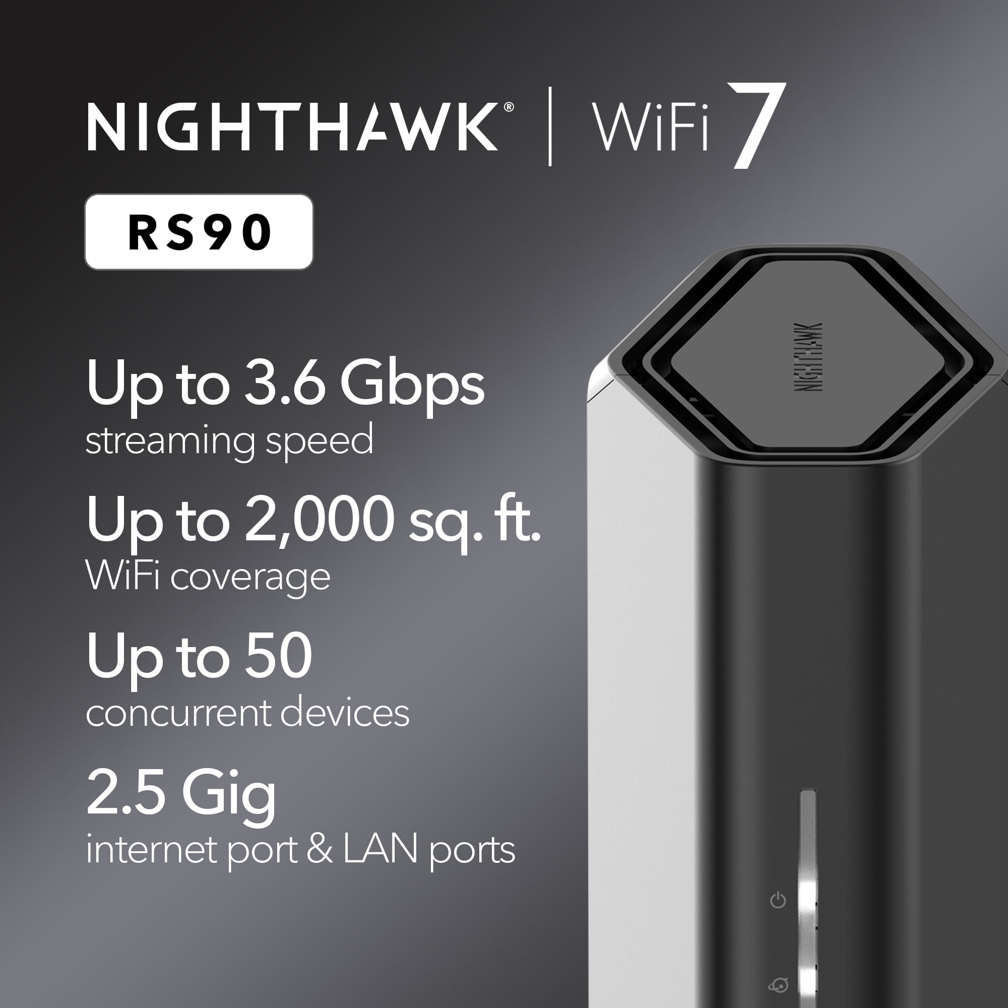 NETGEAR Nighthawk Dual-Band WiFi 7 Router (RS90) – Security Features, BE3600 Wireless Speed (up to 3.6 Gbps) – Covers up to 2,000 sq. ft.,  50 Devices - 2.5 Gig Internet Port
