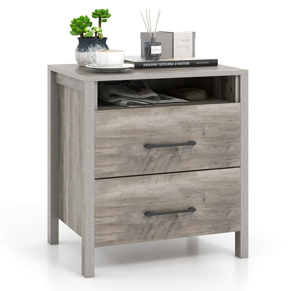 Gymax Nightstand w/ 2 Drawers Farmhouse Bed Side Table w/ Open Storage Shelf