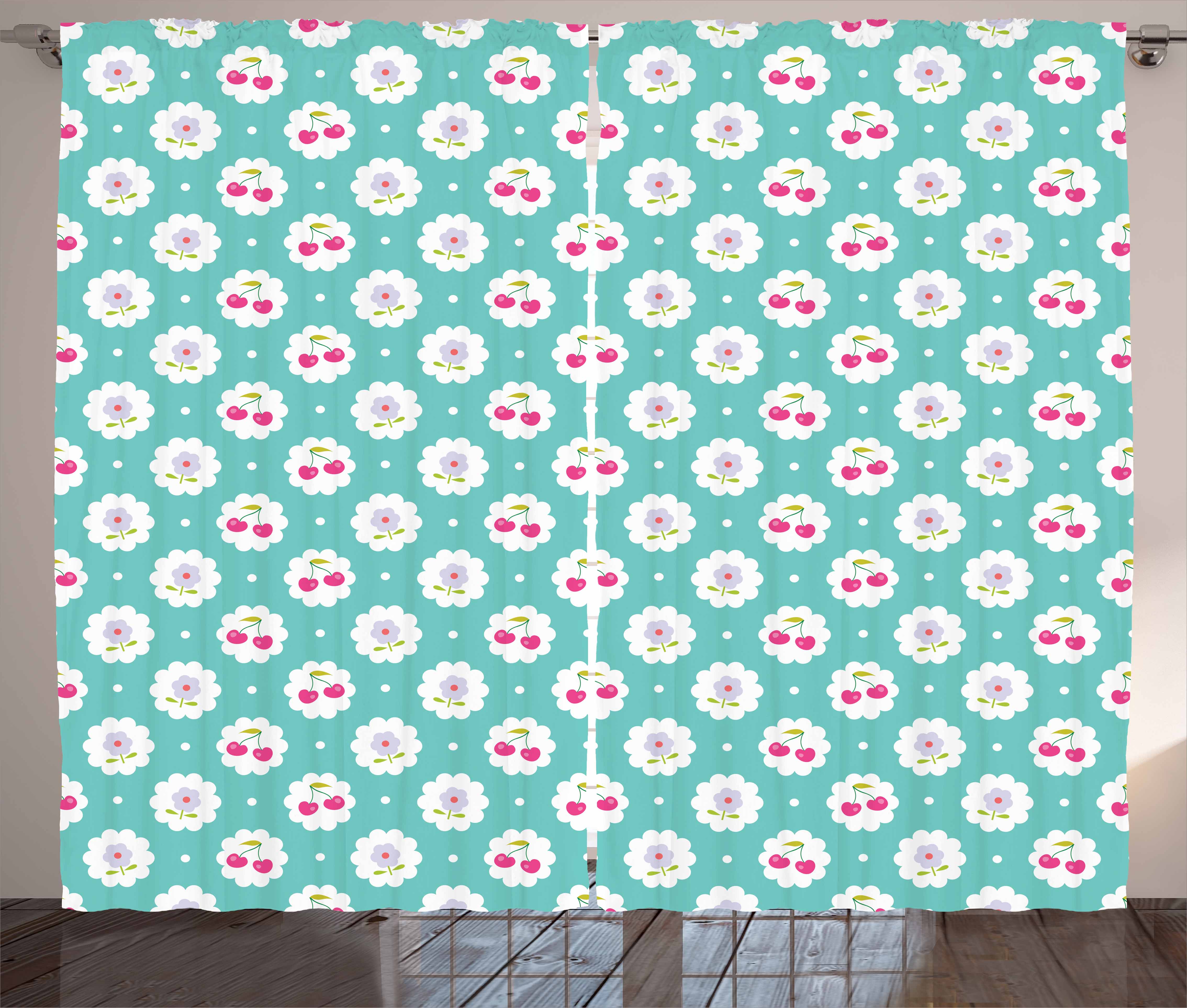 Seafoam Curtains 2 Panels Set Dotted Background With Cherry And