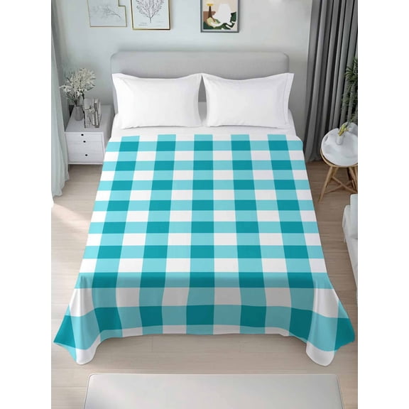 Turquoise Checkered Queen Size Flat Sheet, Wrinkleproof & Fadeproof Cooling Flat Bed Sheet Only, Farmhouse Buffalo Plaid Breathable Soft Bedding Top Sheets 90 x 102 Inches