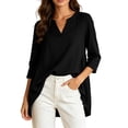 thumbnail image 2 of Qzwdhjm Womens 3/4 Sleeve Tops Stand V Neck Linen Top with Asymmetric Hem Side Pleated Loose Casual Shirts for Summer Going Out, 2 of 7