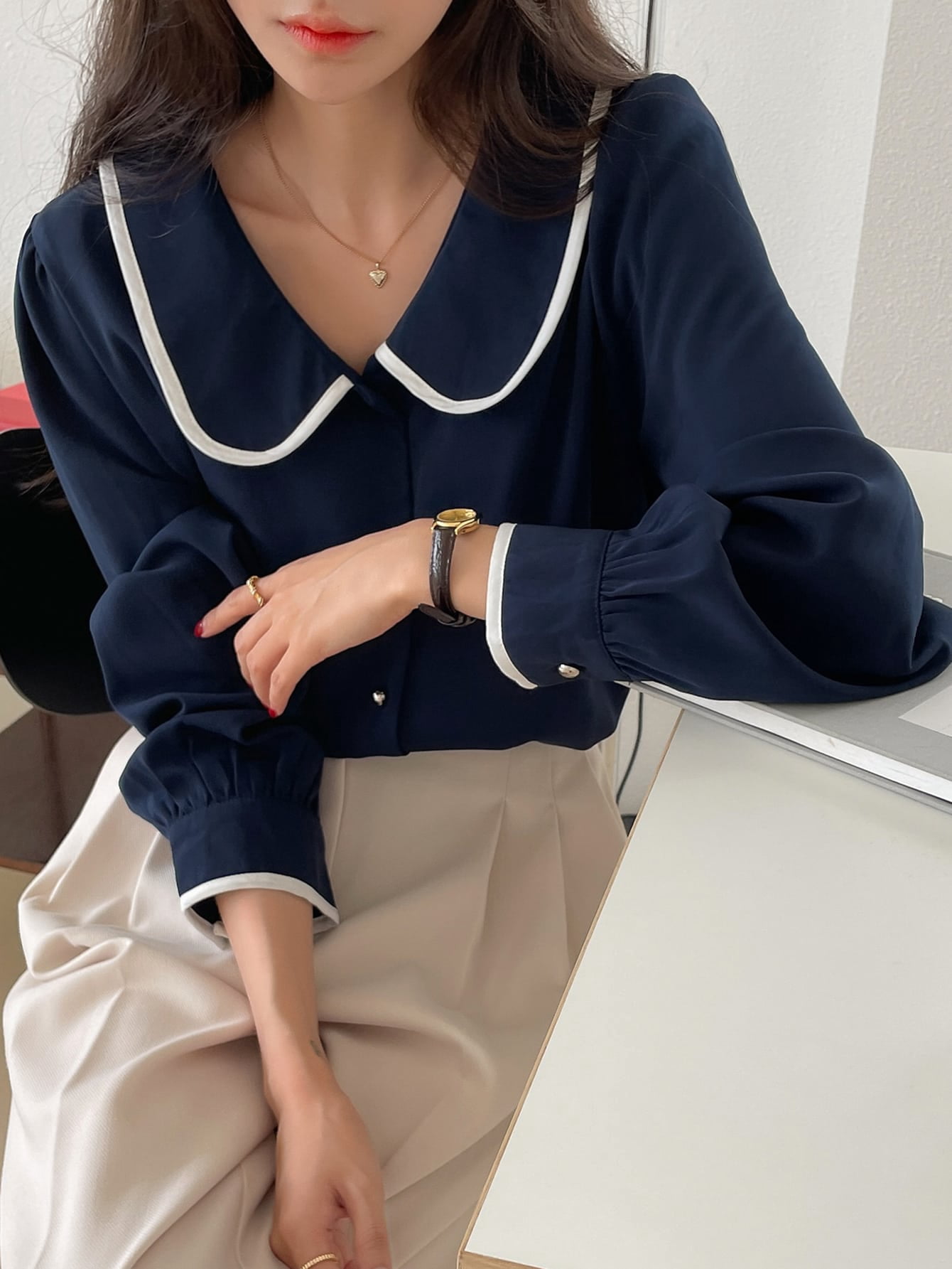 Navy Blue Women's Peter pan Collar 