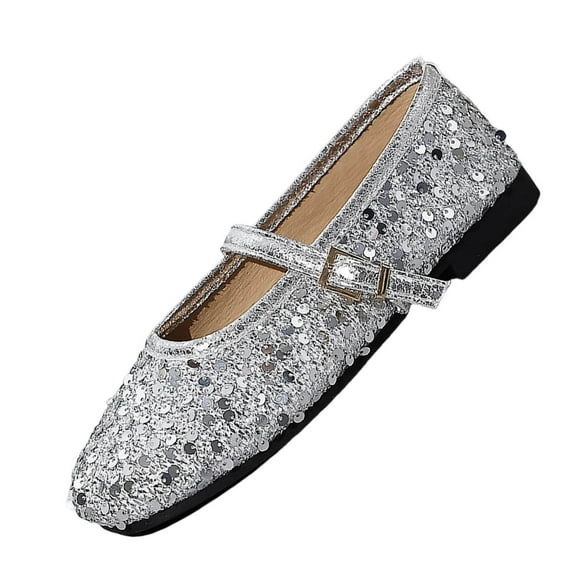 Silver Ladies' Metallic Mary Jane Flats With Thick Heel For Versatile Outfits