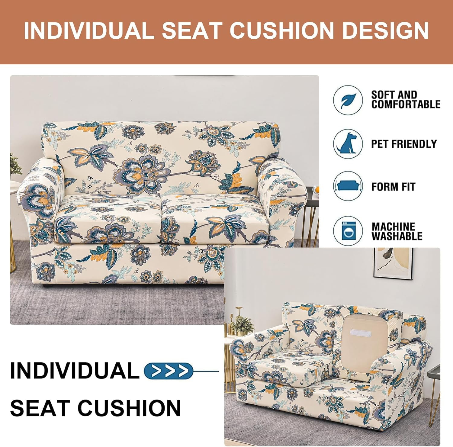 CHUNTIAN Couch Cover Chair Covers Printed Sofa Covers 2-Piece Stretch Armchair Sofa Couch Slipcover Sectional Couch Covers for Sofa Furniture Protector with Non Slip Elastic Bottom for Living Room