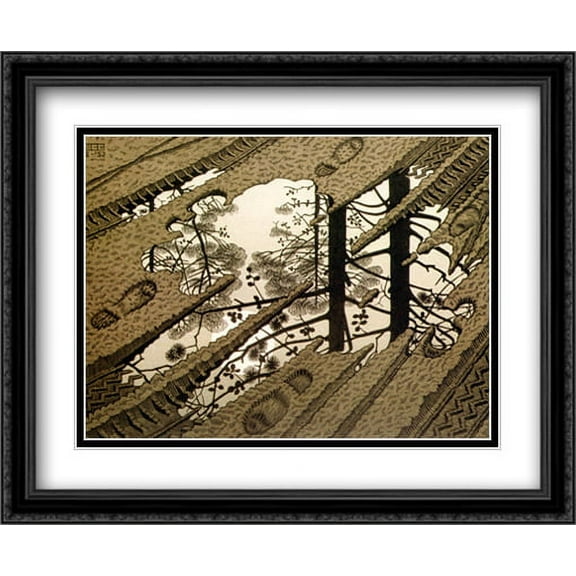M.C. Escher 2x Matted 34x28 Black Ornate Large Framed Art Print 'Puddle'
