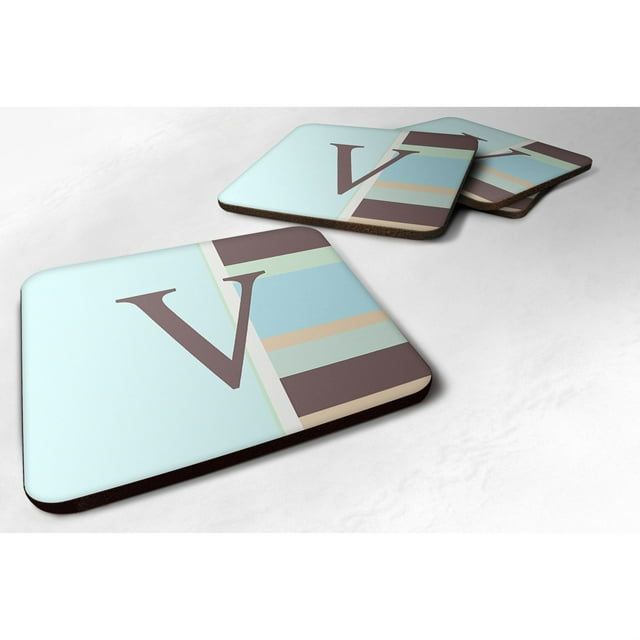 ""Caroline'S Treasures Cj1003-Vfc Posavasos de espuma con monograma y rayas azules (juego de 4) Letra inicial V 3.5"""" H X 3.5""" W Multicolor""