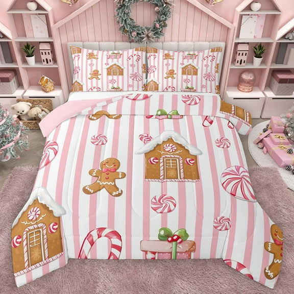 Homewish Kids Teens Christmas Gingerbread Man Bedding Comforter Set 2pcs,Pink Geometric Stripes Twin Comforter Sets Microfiber,Xmas Candy Cane Breathable Bedding Set,Ultra Soft Home Decor,Reversible