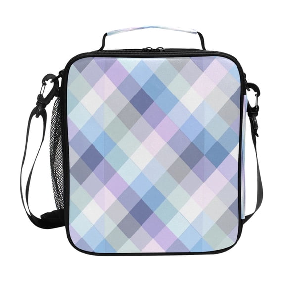 Blue and Lavender Pastel Plaid Pattern Seamless Insulated Lunch Bag Reusable Lunch Box Lunch Container with Straps
