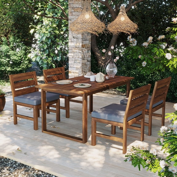 FFZ 5-Piece Farmhouse Acacia Wood Outdoor Dining Set with Adjustable Legs, Brown