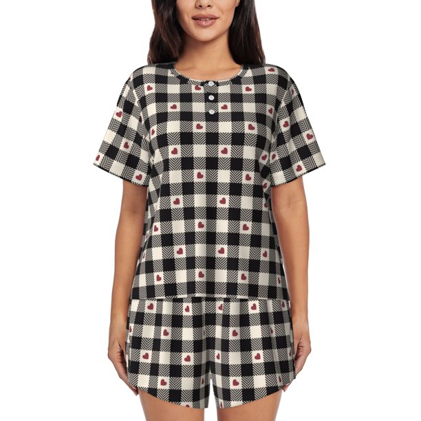 Balery Black Plaid Heart Conjunto de Pijama para Mujer con Estampado, Dos Piezas de Manga Corta y Shorts, Ropa de Dormir Suave con Cuello Redondo y Bolsillos-Small