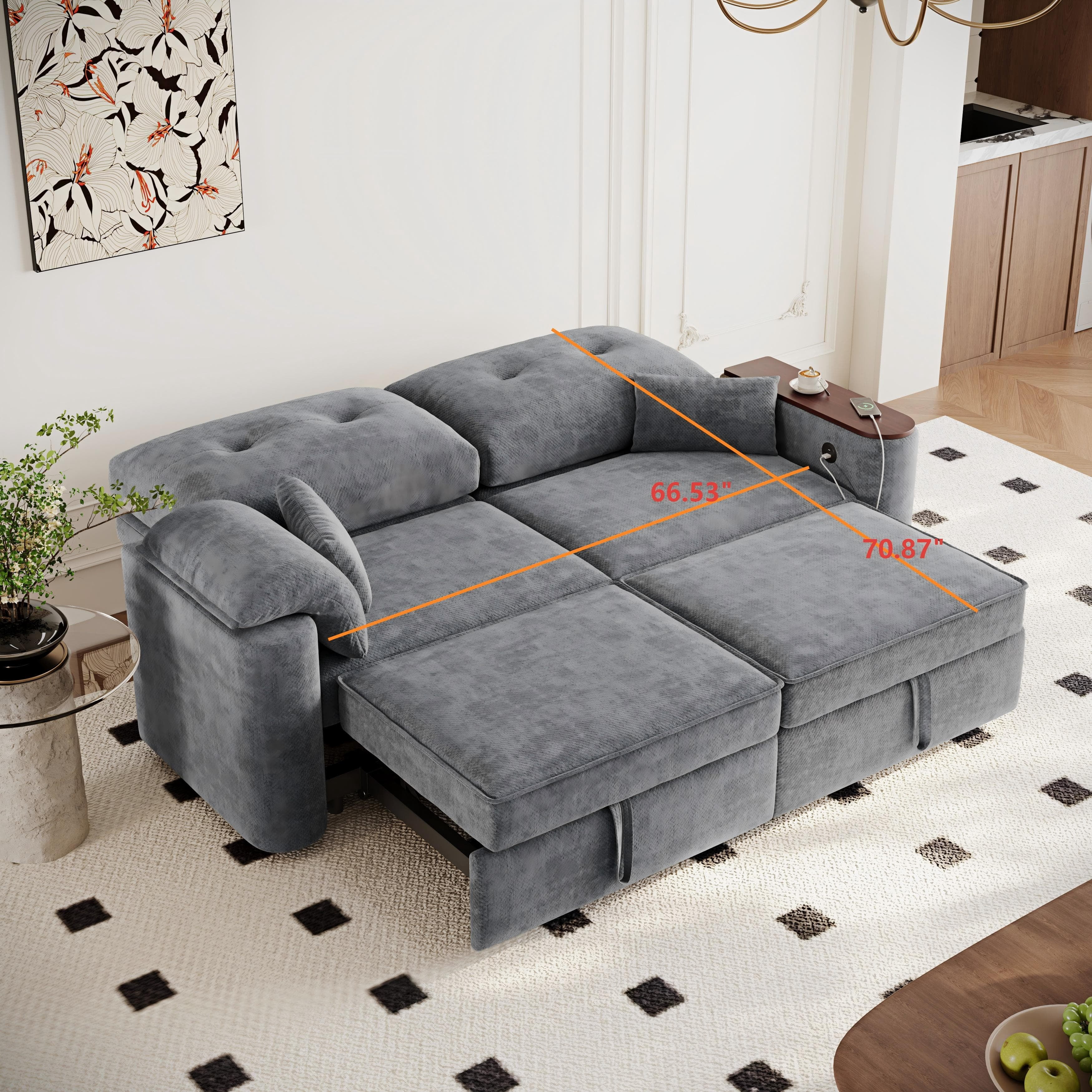 Aukfa 82" 3-in-1 Convertible Sleeper Sofa, Modern Chenille Queen Pull-Out Sofa Bed with USB/Type-C Ports & Rotating Side Table for Living Room & Apartment,Gray