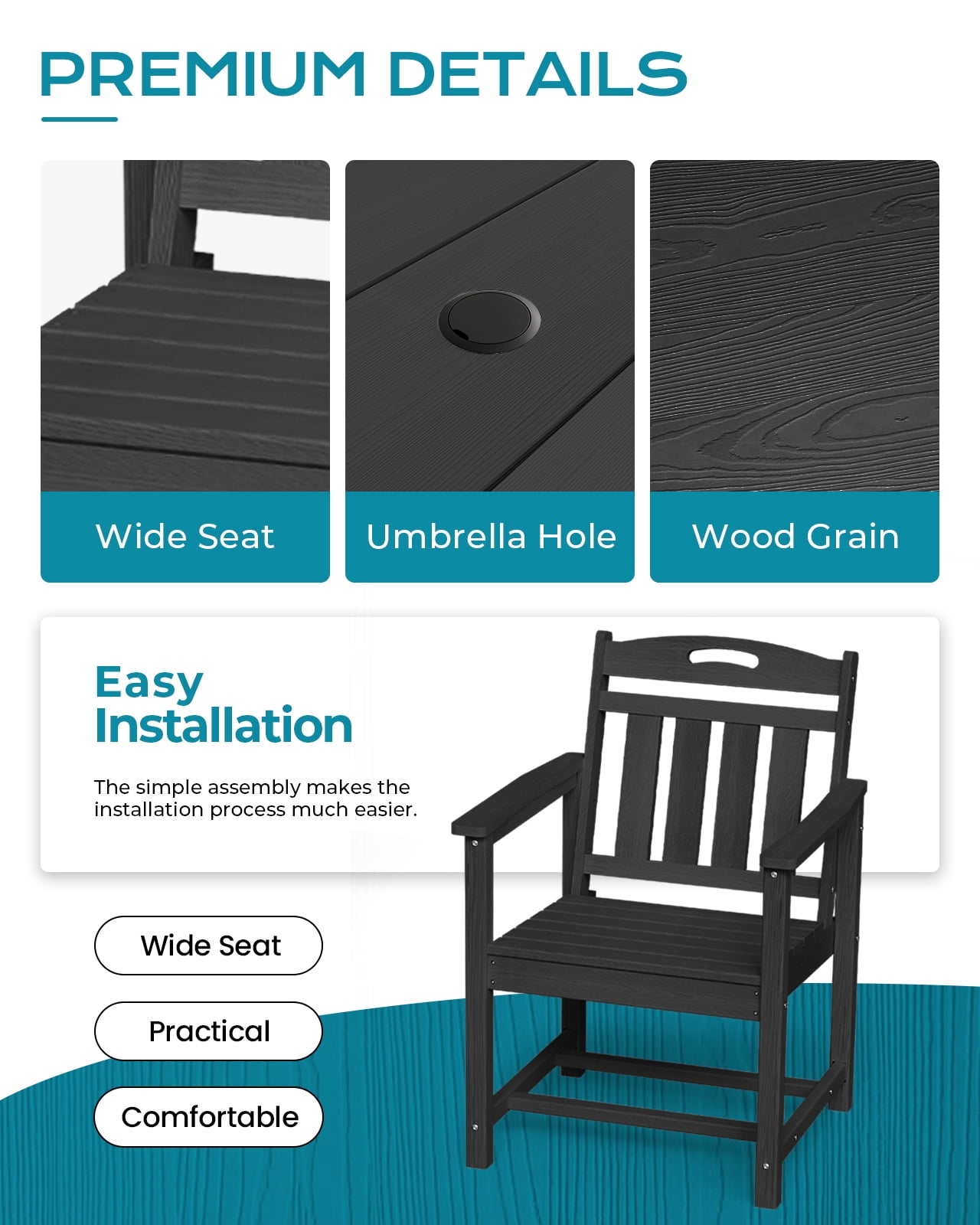 Harbweb 7pc HDPE Outdoor Dining Set, All-Weather Wood Grain Patio Furniture, Black