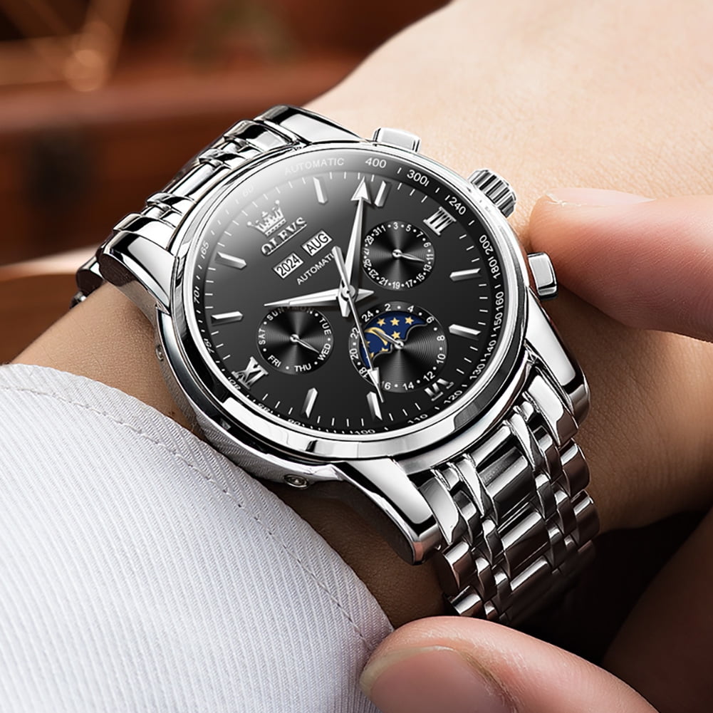 OLEVS Automatic Watches for Mens Self Winding Mechanical Multifunction Chronograph Luxury Business Dress Moon Phase Stainless Steel Waterproof Luminous Calendar Mens Wrist Watches Reloj Para Hombre