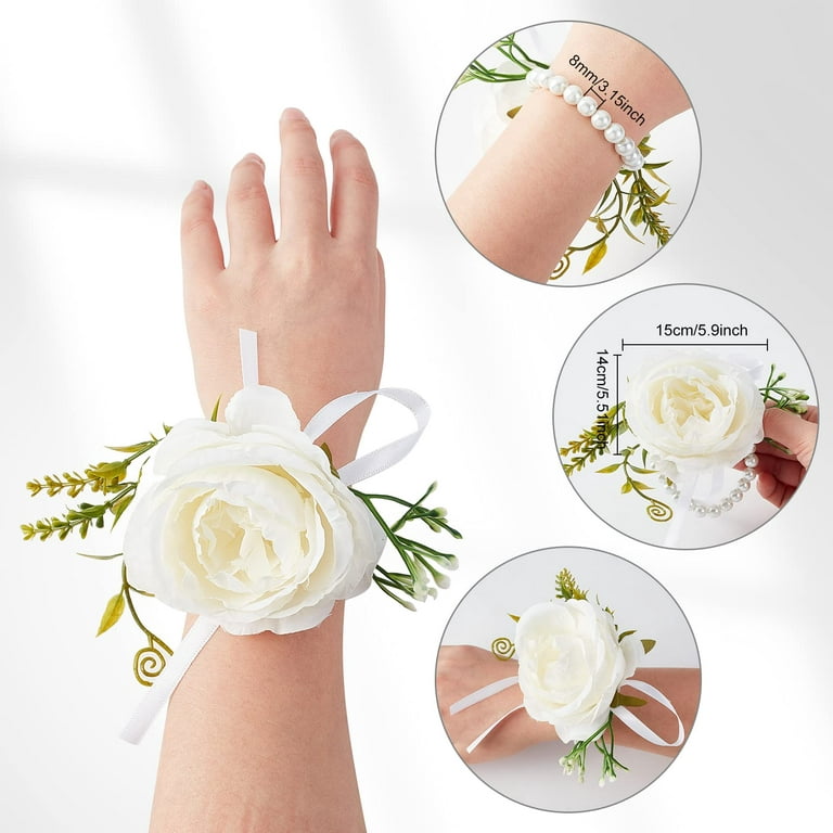 White Rose Wrist Corsages for Wedding 2pcs Pearl Wrist Corsage