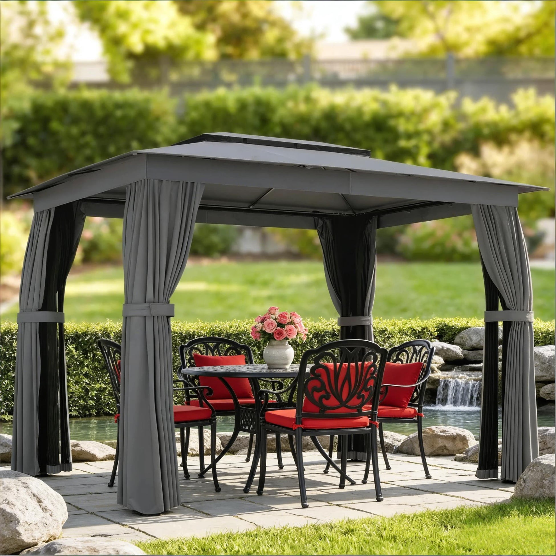 12 X 9 FT Double-roof Design Canopy Shelter, Large Outdoor Gazebo with Steel Columns, Outdoor Heavy Duty Party Tent with Mosquito Nettings and Privacy Screens for Backyard, Garden, Lawn, Dark Gray