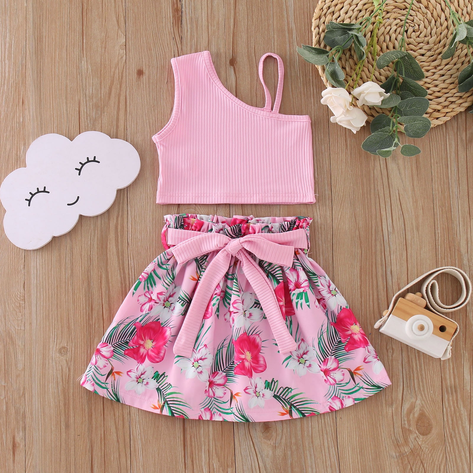Zhaghmin Cute Clothes for Girls 10-12 Toddler Girls Sleeveless Floral Printed Vest Tops Bowknot Skirts Outfits Take Luck Home Clothes Wear for Teens