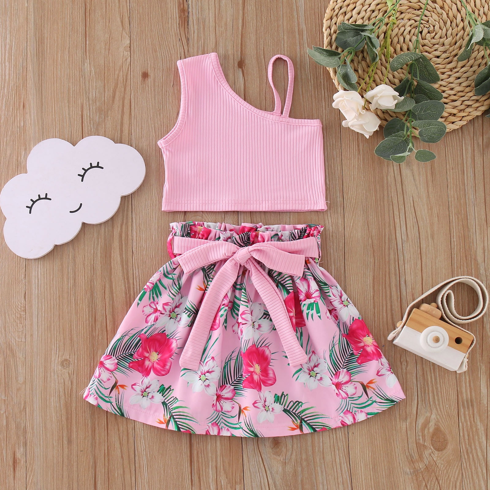 PEASKJP Summer Skirt Set for Girls Cute Cartoon Casual Dress Princess Birthday Gift Pink 90