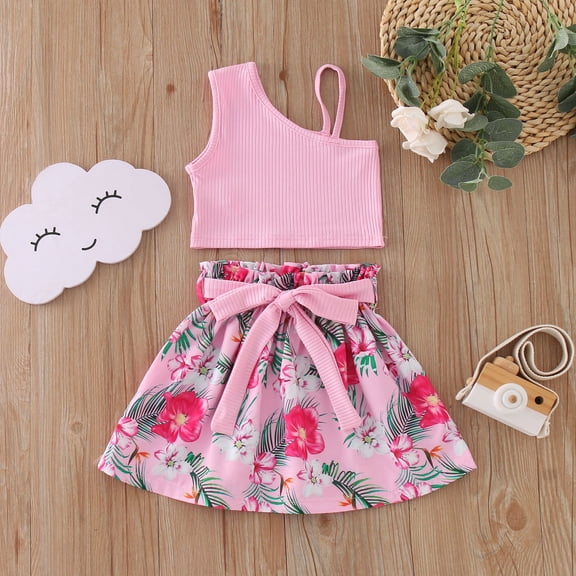 Vedolay Maxi Skirts For Girl Kids Toddler Girl Summer Outfits Short Puff Sleeve T-Shirt Knit Blouse Pink Top  A-Line Plaid Floral Skirt 2Pcs Set,Pink 3 Years
