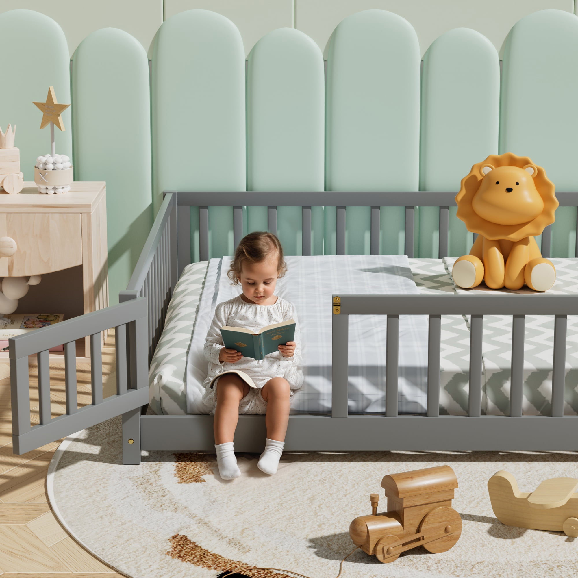 Full Floor Bed Frame for Toddler, Montessori Floor Bed with Fence and Wood Slats, Low Wood Platform Beds for Girls Boys Kids Happy Time, Gray