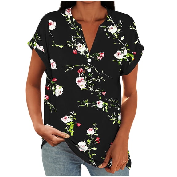 Fashion Shirts for Womens Summer Plus Size Casual Printed V-Neck Loose Short Sleeve Raglan Sleeve Button Top