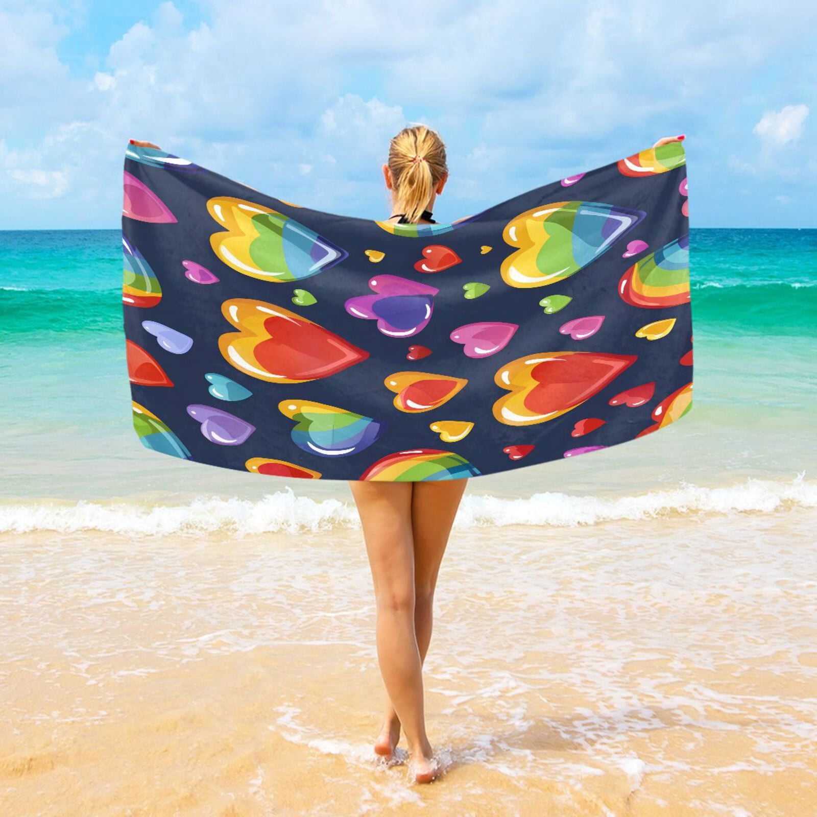 Rainbow and Hearts Beach Towel Oversized Sandproof Absorbent Quick Dry Towels Adult for Travel Vacation Essentials
