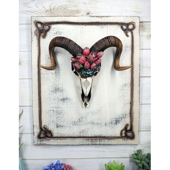 Rustic Western Corsican Ram Skull With Red Tulips Wooden Wall Decor Plaque