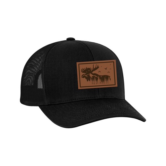 Men's Scenic Moose Mountain View Outoors Laser Engraved Leather Patch Mesh Back Trucker Hat, Black/Black